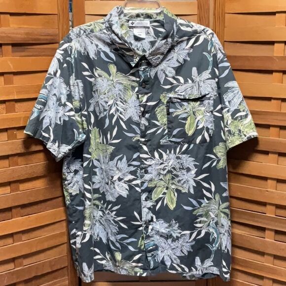 Columbia Casual Gray Green White Button Down Shirt Men 2X Cotton Floral Fish - Picture 1 of 5
